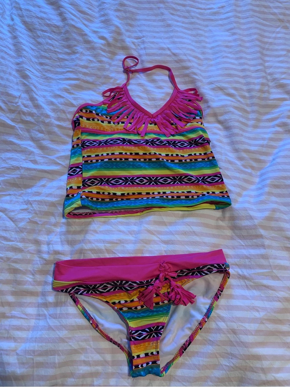 Jantzen Pink Fringe Multi-Color Stripe Tankini Bikini Set